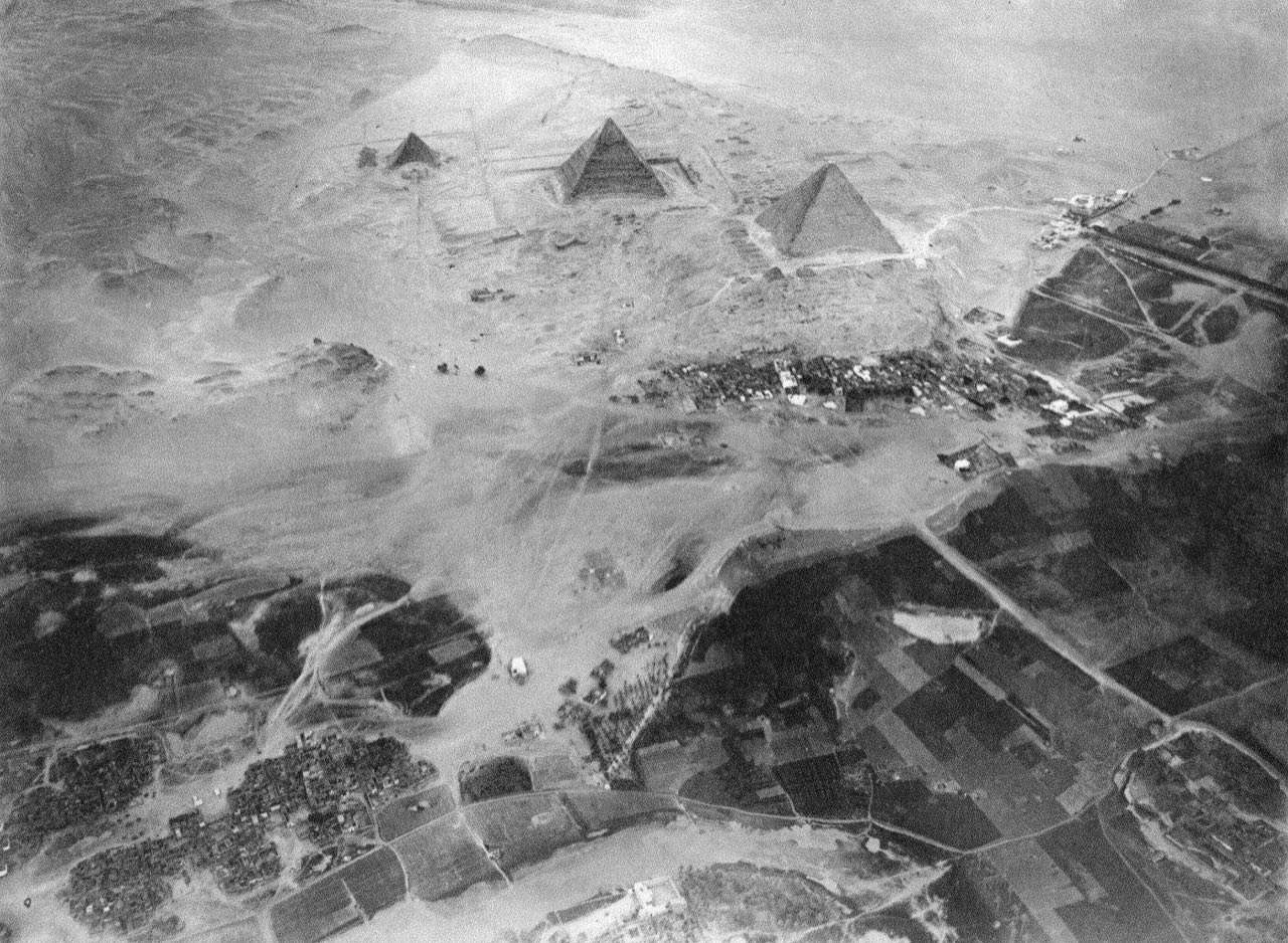 Aerial view of the Giza Pyramids at dusk, Egypt